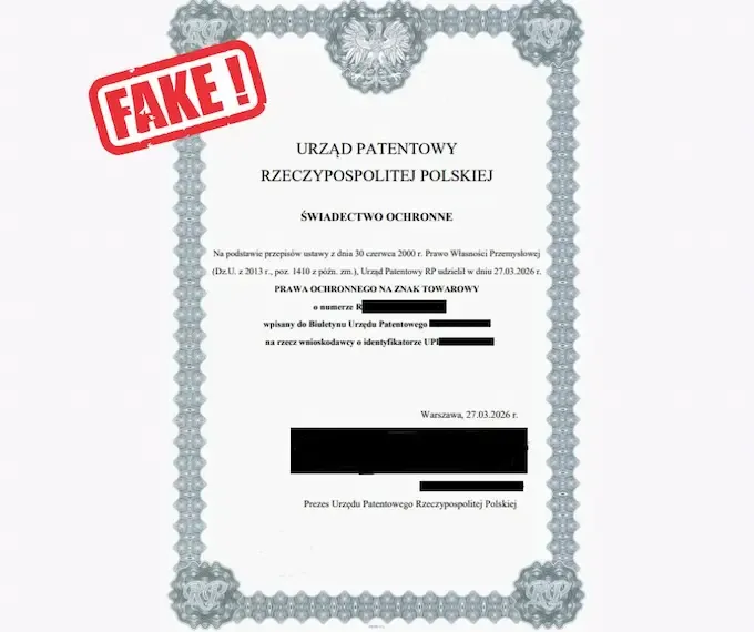 Fałszywe świadectwo ochronne znaku towarowego z linkiem do płatności