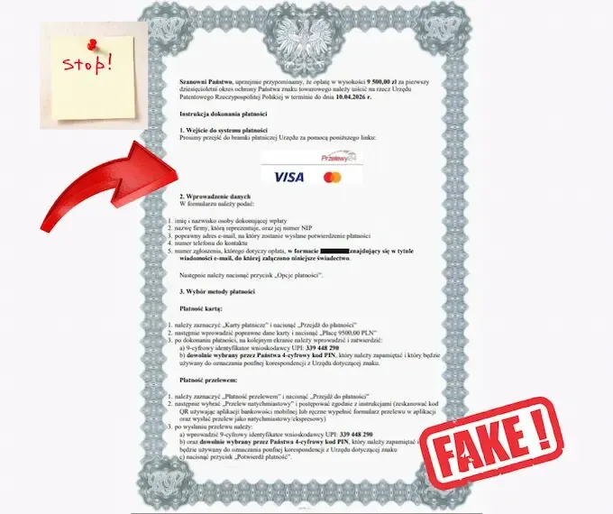 Fałszywe świadectwo ochronne znaku towarowego z linkiem do płatności