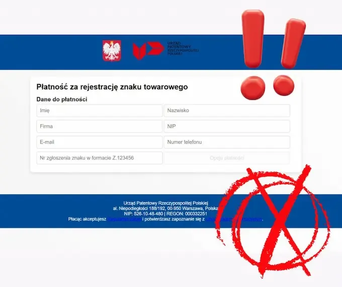 Fałszywe świadectwo ochronne znaku towarowego z linkiem do płatności