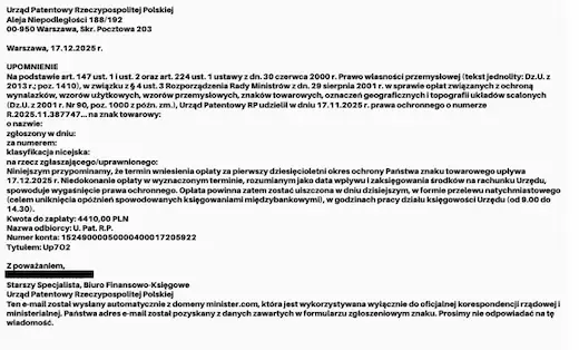 fałszywy mail wzywający do zapłaty za ochronę znaku towarowego